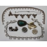 A group of mostly costume jewellery, including some silver, comprising four vari-coloured paste