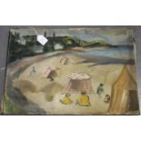 Antoinette Hauser - Beach Scene with Tents and Figures, 20th century oil on canvas, 38cm x 55cm,