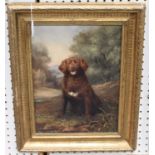 British School - Seated Dog in a Landscape, 20th century oil on card, 38cm x 28cm, within a gilt