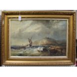 British School - Coastal Landscape with Sailing Vessel and Hill-top Castle, 19th century