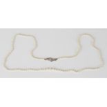 A single row necklace of graduated seed pearls on a white gold and seed pearl set clasp, detailed '