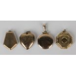A gold back and front heart shaped pendant locket, length 2.5cm, a gold back and front octagonal
