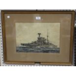 Cecil King - 'HMS Warspite', 20th century watercolour over pencil, signed, 26cm x 37cm, within a