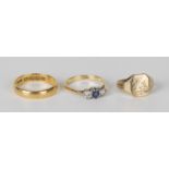 A 22ct gold plain wedding ring, Birmingham 1905, ring size approx O, a 9ct gold signet ring monogram