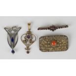 A gold, amethyst and seed pearl set pendant, length 4.7cm, a garnet set bar brooch, a gilt