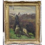 Continental School - Alpine Landscape with Lady and Sheep, 20th century oil on canvas, 49cm x