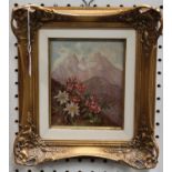 L. Wöhlke - Alpine Scene with Flowers, 20th century oil on board, signed recto, label verso, 17cm