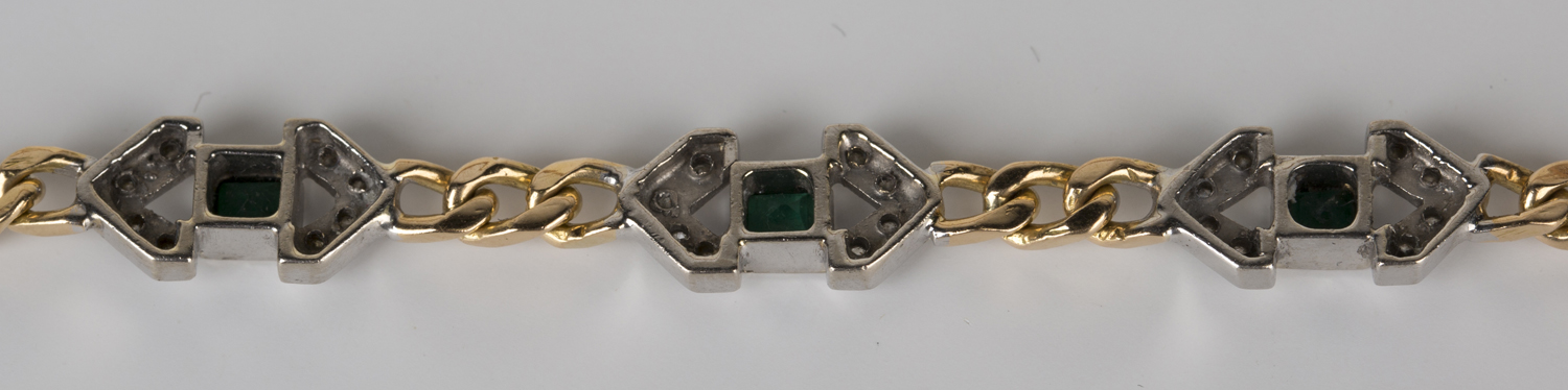 A gold, emerald and diamond bracelet in a faceted curblink design, the front mounted with three - Image 2 of 2