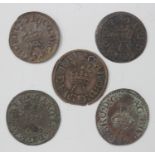 Two James I Lennox-type copper farthings, two Charles I Richmond-type copper farthings and a Charles