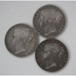 A Victoria crown 1844, the edge detailed 'VIII', and two Victoria crowns, both 1845, each edge