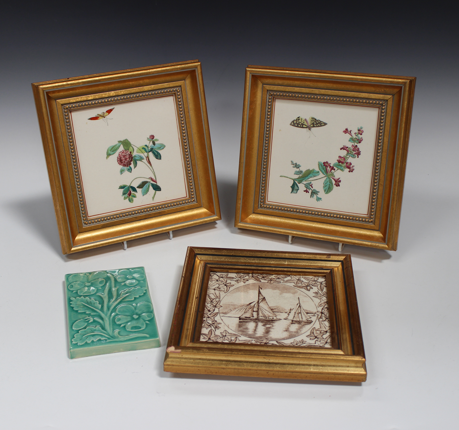A pair of Mintons pottery rectangular tiles, late 19th century, each painted with a floral study, - Image 2 of 2