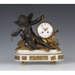 A late 19th century French gilt and bronze patinated white marble mantel clock with eight day