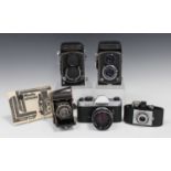 A group of five cameras, comprising a Minolta Autocord TLR camera, a Yashica-A TLR camera, a