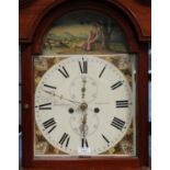 A William IV figured mahogany longcase clock with eight day movement striking on a bell, the painted