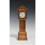 An Edwardian inlaid rosewood miniature longcase clock mantel timepiece, the pocket watch movement