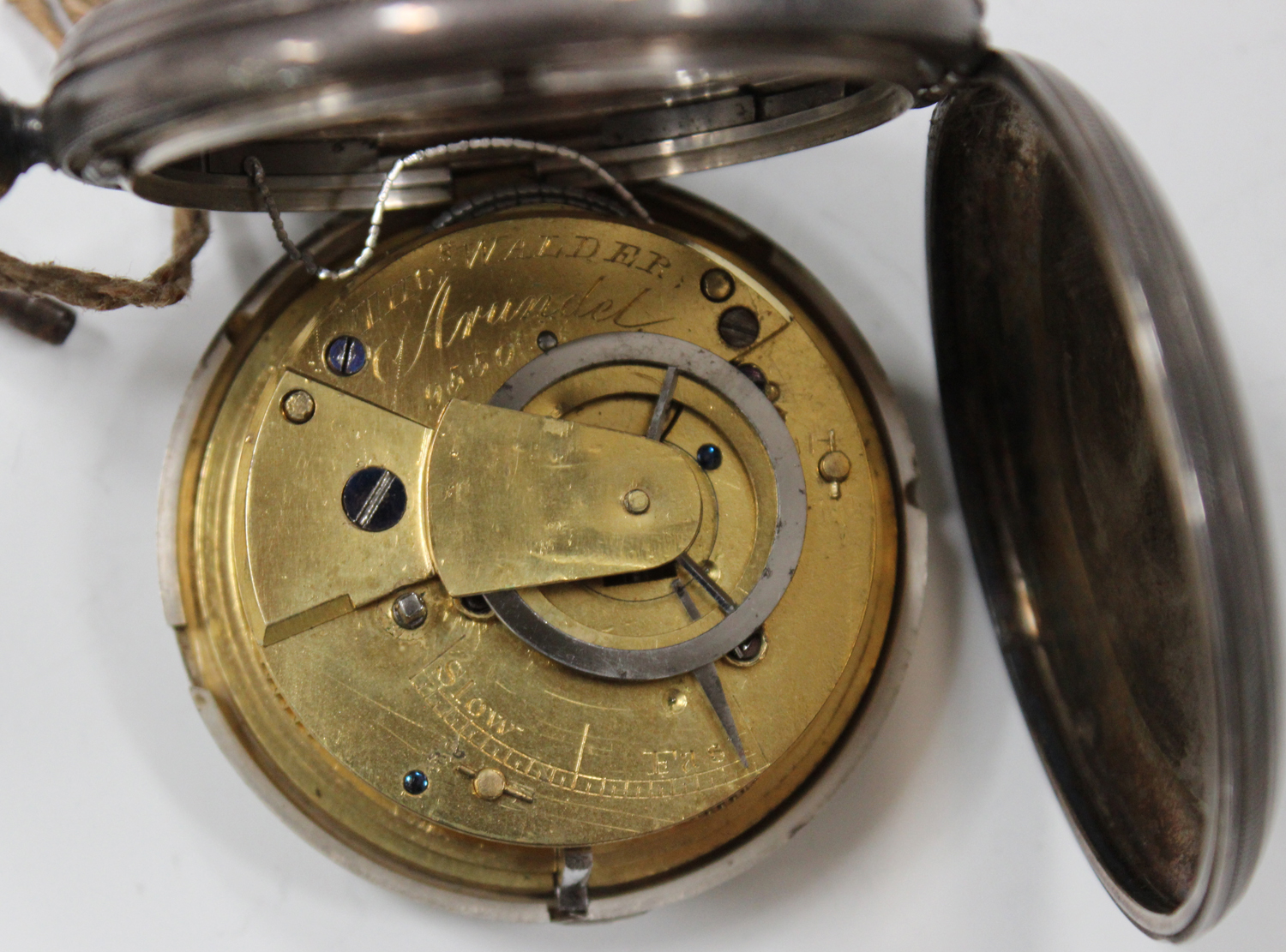 A silver cased keywind hunting cased gentleman's pocket watch with a gilt fusee movement, detailed - Image 4 of 5