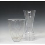 A Kosta glass vase, mid-20th century, the clear flattened oval body engraved with a figure by a