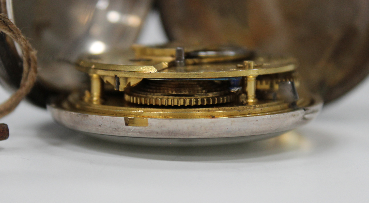 A silver cased keywind hunting cased gentleman's pocket watch with a gilt fusee movement, detailed - Image 3 of 5