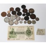 A George V ten shilling note John Bradbury Chief Cashier and a group of British and world coins