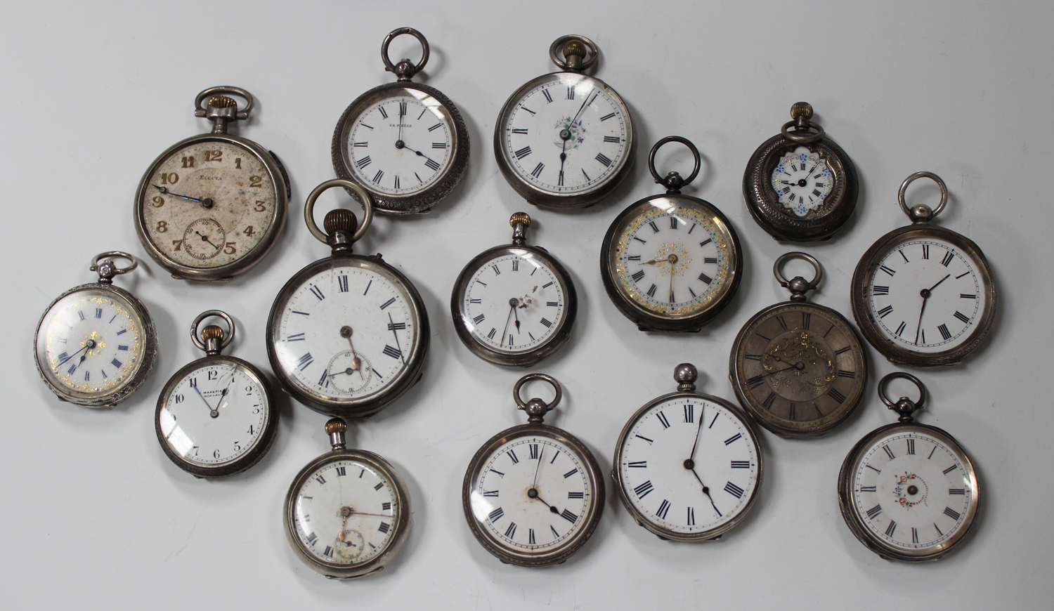 Fifteen mostly silver cased key and keyless wind open-faced fob watches, the majority with enamelled