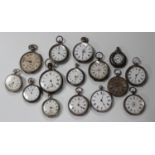 Fifteen mostly silver cased key and keyless wind open-faced fob watches, the majority with enamelled