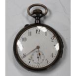 A gun metal cased keyless wind open-faced quarter-repeating gentleman's pocket watch with an