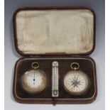 A gilt metal cased travelling barometer with compass and mercury thermometer, each dial diameter