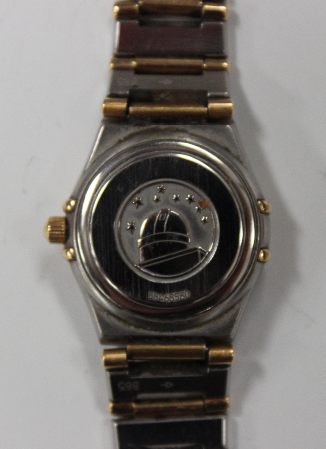An Omega Constellation steel and gilt lady's bracelet wristwatch, the signed gilt dial with gilt - Image 4 of 5
