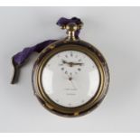A gilt metal and tortoiseshell triple cased open-faced gentleman's stop seconds pocket watch, the