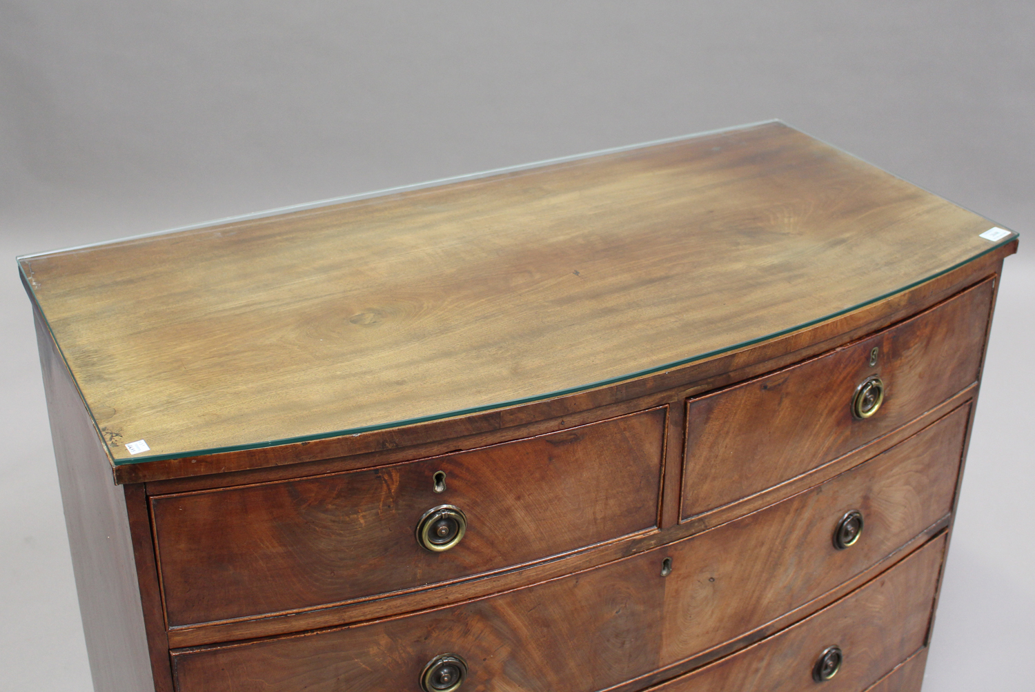 A late George III mahogany bowfront chest of two short and two long drawers, on bracket feet, height - Image 3 of 3