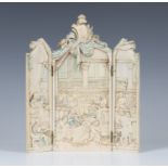 A 19th century Dieppe ivory triptych table screen, finely carved in relief with a scene of the