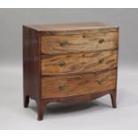 A Regency mahogany bowfront chest of three long drawers, on bracket feet, height 91cm, width 93cm,