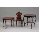 A Victorian mahogany hall chair with cartouche back and solid seat, height 68cm, width 43cm, an