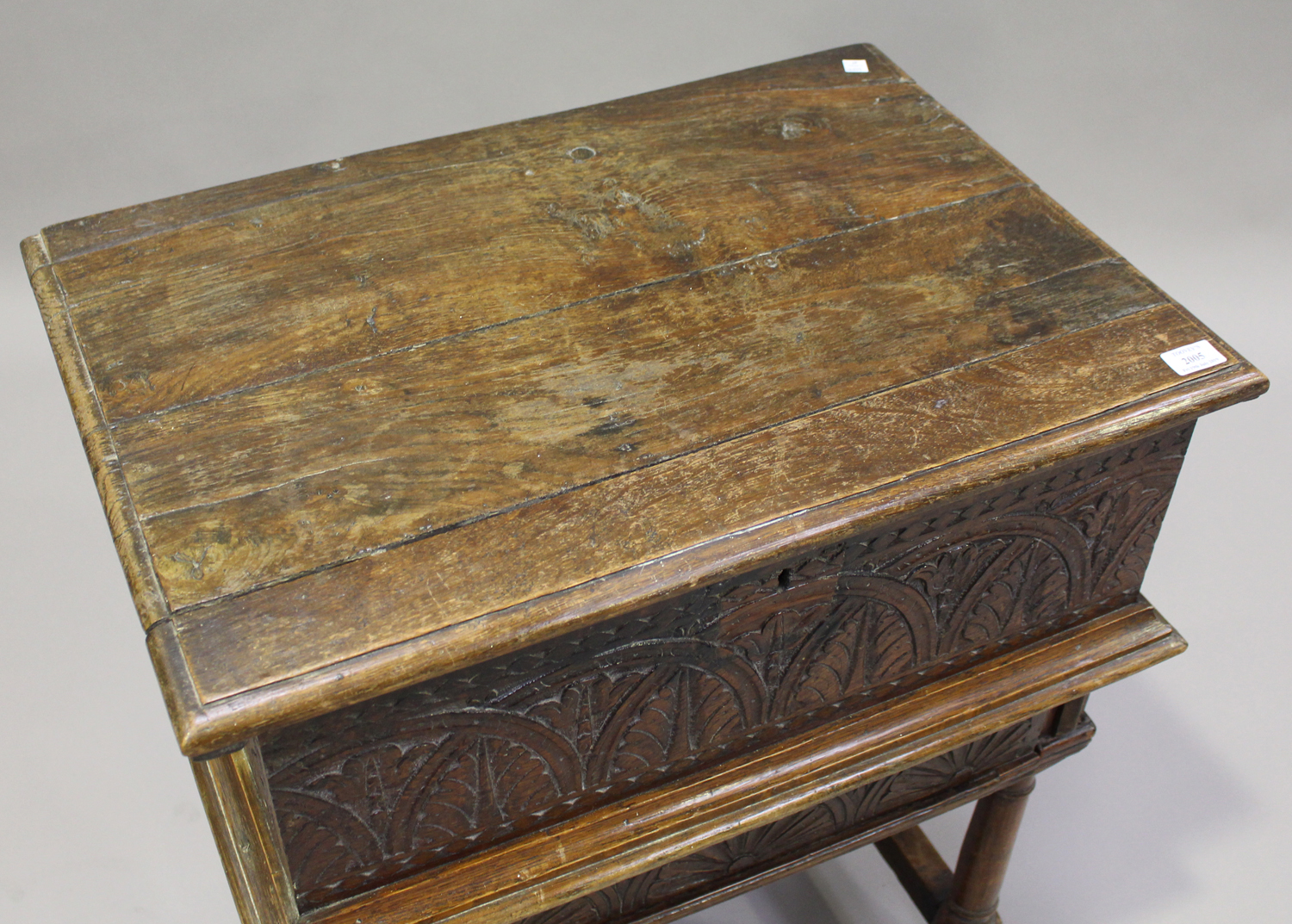 A 17th century and later oak bible box on stand with carved decoration, the hinged lid above the - Image 2 of 2