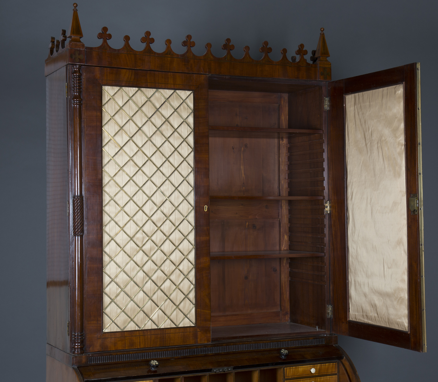 A mid-Victorian Gothic Revival mahogany roll-top bureau bookcase with overall ebony stringing and - Image 3 of 4