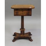 A Regency rosewood work table, the hinged canted rectangular top above a drawer, raised on a