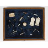 A group of mainly 19th century novelty miniature items, including various folding knives, two