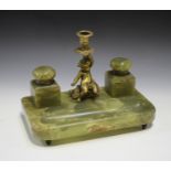 A late 19th/early 20th century green onyx and gilt metal mounted desk standish, the curved