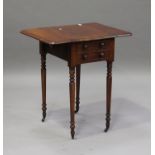 An early Victorian mahogany drop-flap side table, fitted with two frieze drawers, on turned legs