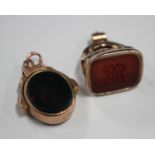 A 19th century 9ct gold pendant fob seal, inset with a cornelian matrix, engraved with a monogram,