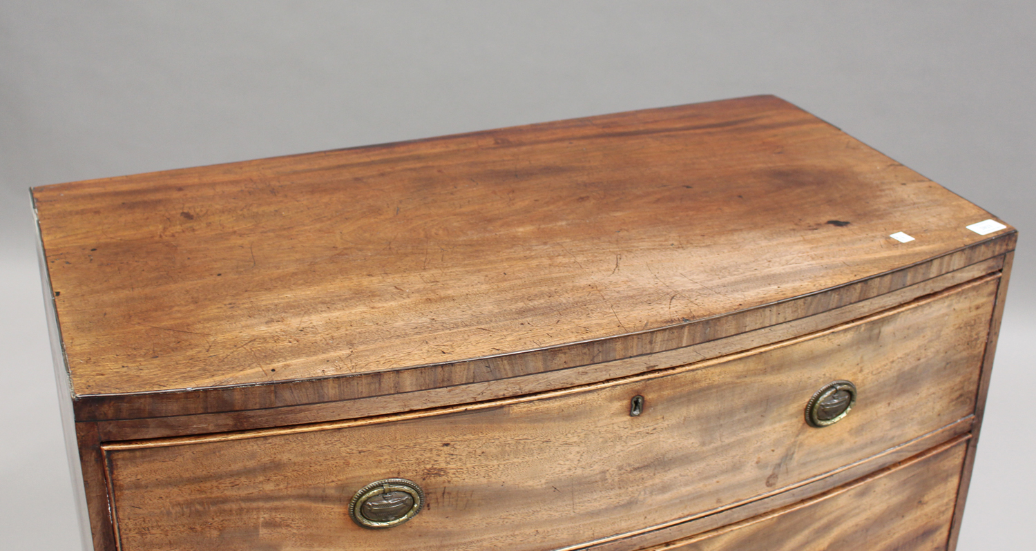 A Regency mahogany bowfront chest of three long drawers, on bracket feet, height 91cm, width 93cm, - Image 3 of 3