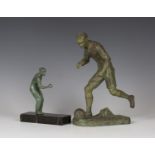 Henri Fugère - an Art Deco green patinated cast spelter figure of a footballer running with a