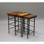 A mid-Victorian rosewood nest of three occasional tables, the largest table crossbanded in burr