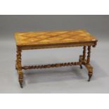 A Victorian walnut and satinwood crossbanded stretcher table, the rectangular top raised on barley