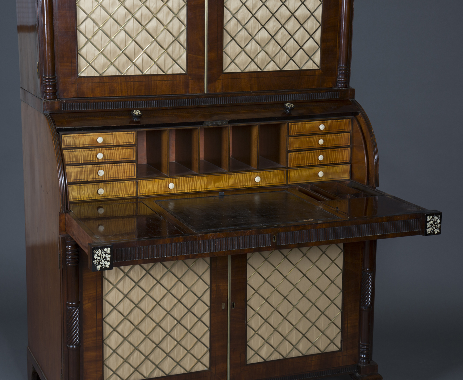 A mid-Victorian Gothic Revival mahogany roll-top bureau bookcase with overall ebony stringing and - Image 2 of 4