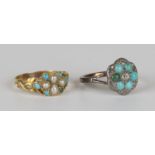 A Victorian gold, turquoise and half-pearl set cluster ring, decorated with scroll pierced