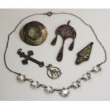 A silver and colourless paste necklace, a mauve paste pendant, the front with three drops, an iron