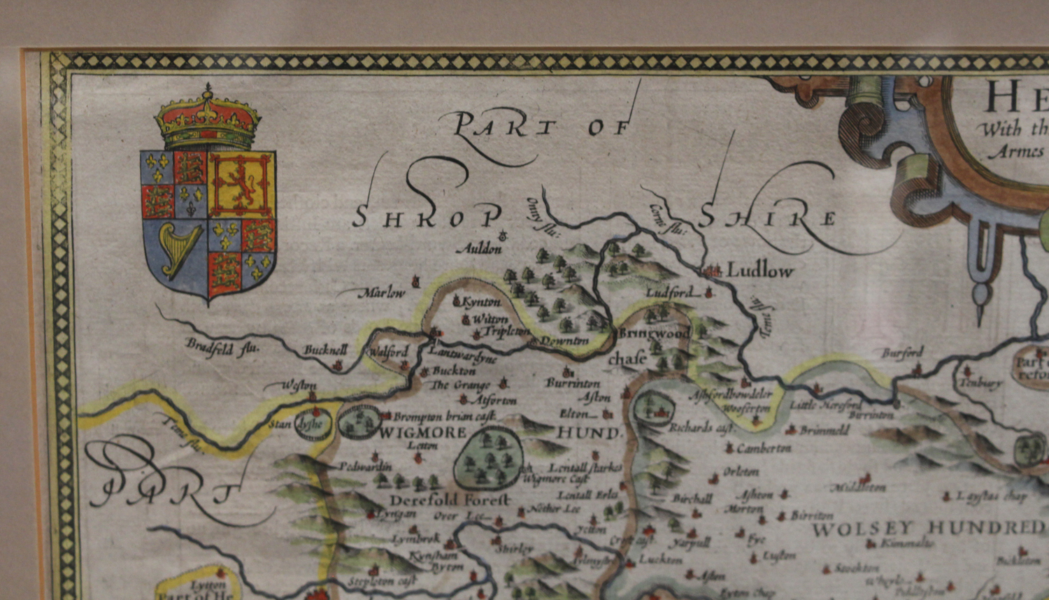 John Speed - 'Herefordshire Described' (Map of the County), 17th century engraving with later hand- - Image 3 of 6