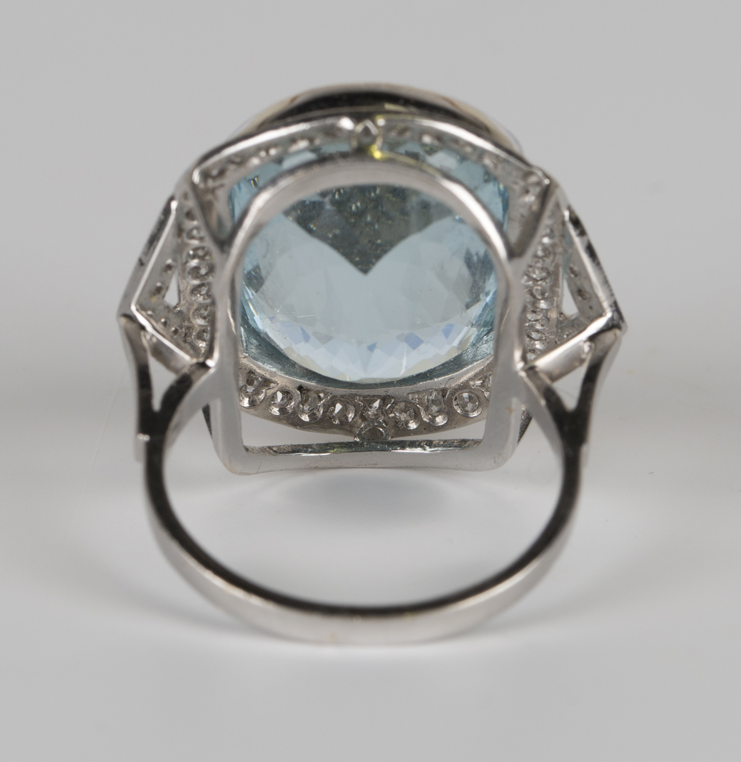 An 18ct white gold, aquamarine and diamond ring, collet set with a large oval cut aquamarine - Image 2 of 2