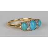 A gold, turquoise and diamond ring, mounted with three oval turquoise alternating with two rows of